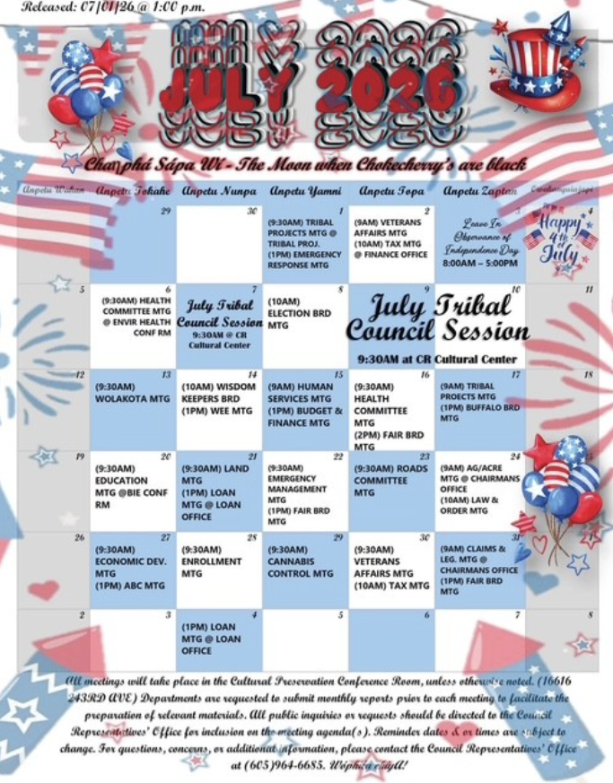 July 2026 – Tribal Council Calendar