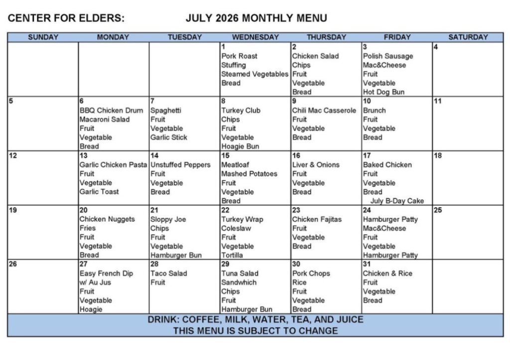 Center For Elders July 2026 Menu