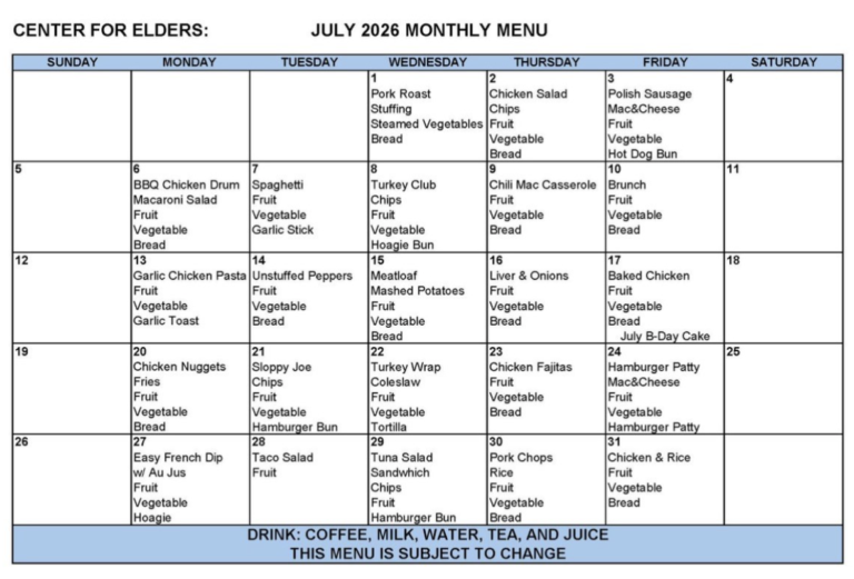 Center For Elders July 2026 Menu